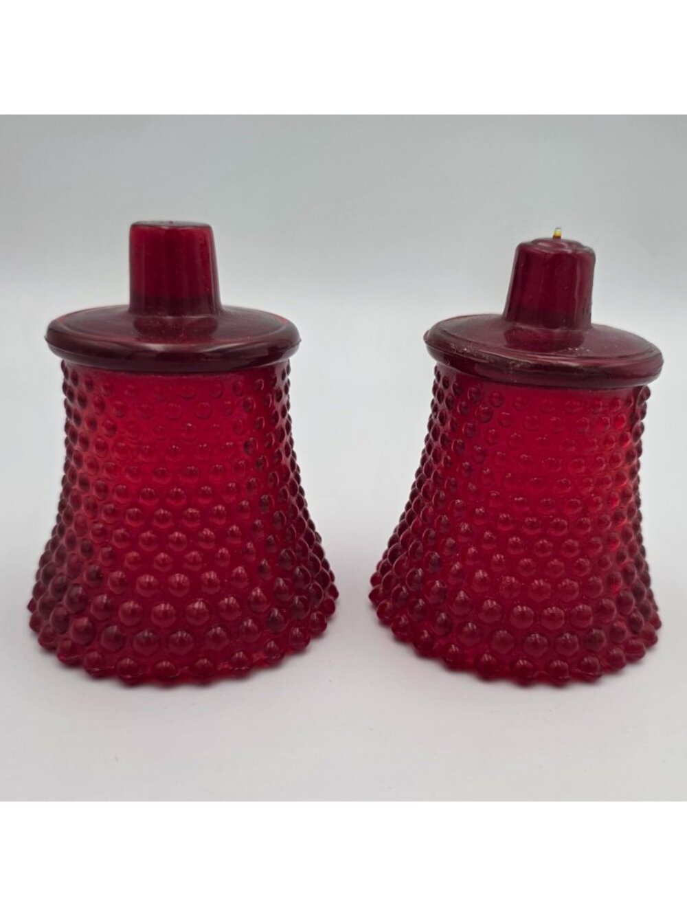 Ruby Red Glass Hobnail Peg Votive Candle Holders UV Reactive Vintage Pair